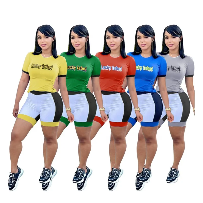 

QC-L6285 2021 new arrivals patchwork casual sexy women lucky label shorts street fashion plus size two piece set women clothing