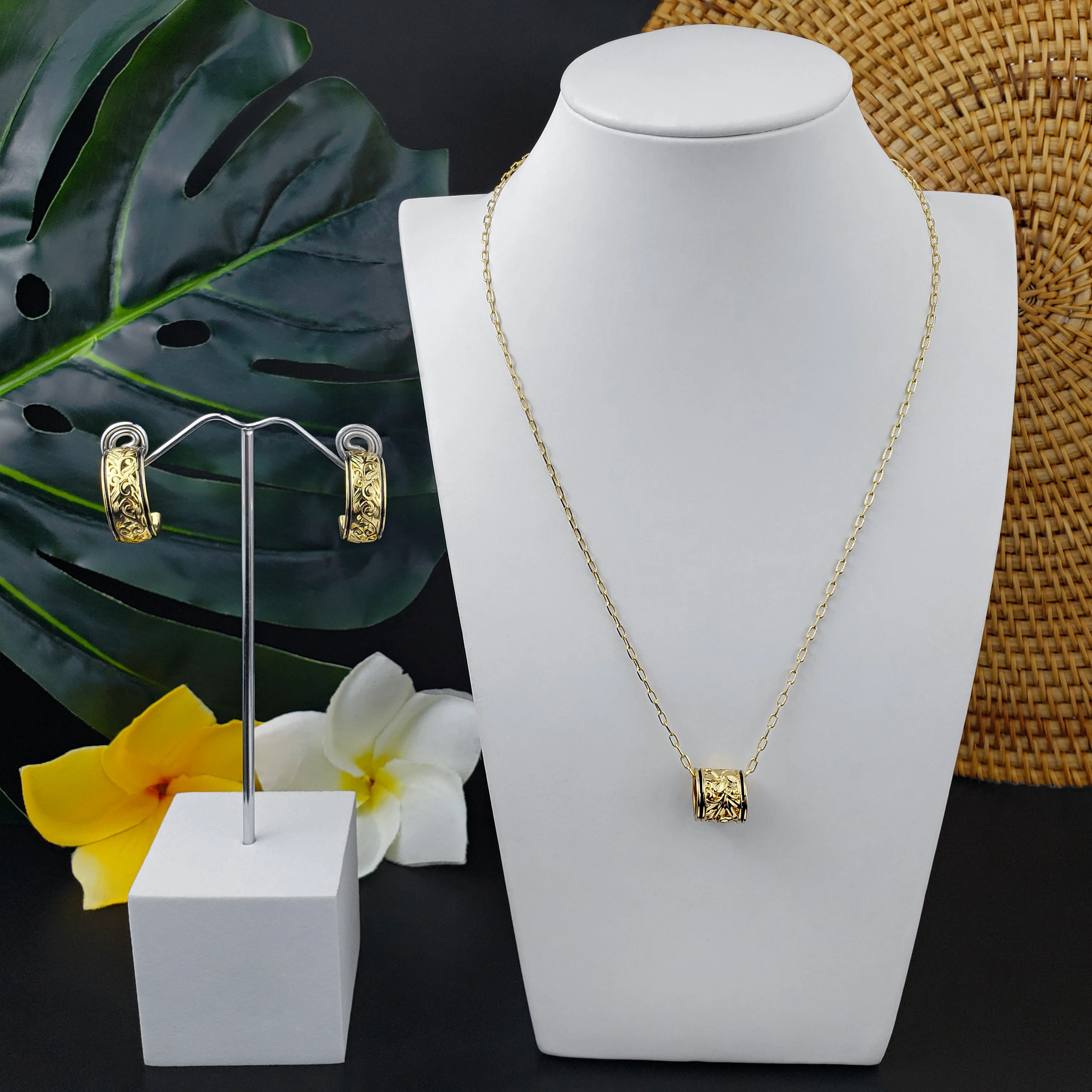 

Fashion 14k plated hand carved necklace and earrings set hawaiian jewelry set for women girls