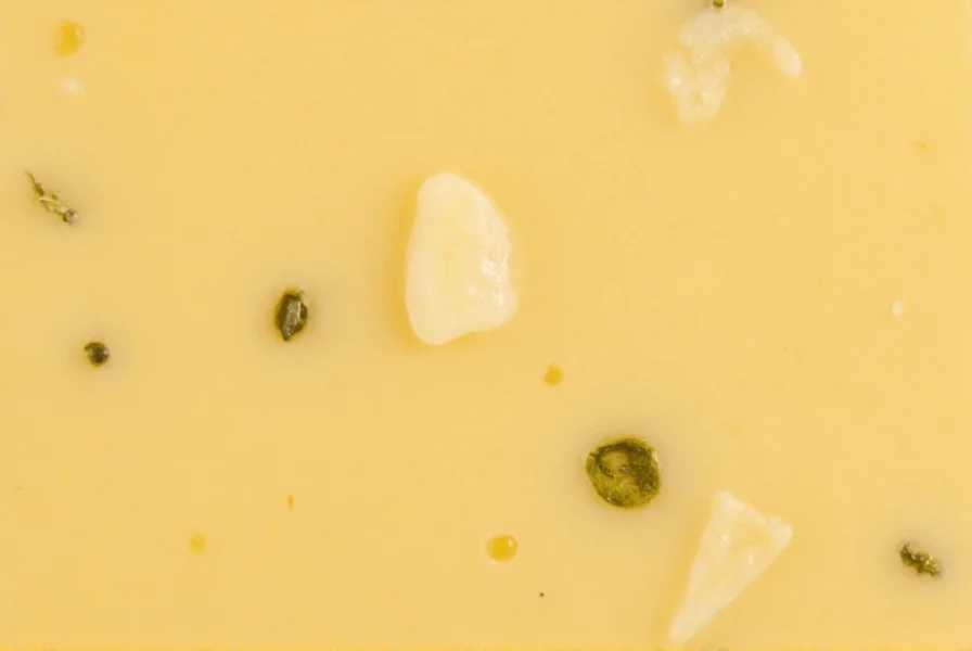 Close-up view of pepper jack cheese showing visible jalapeño flecks in pale yellow cheese