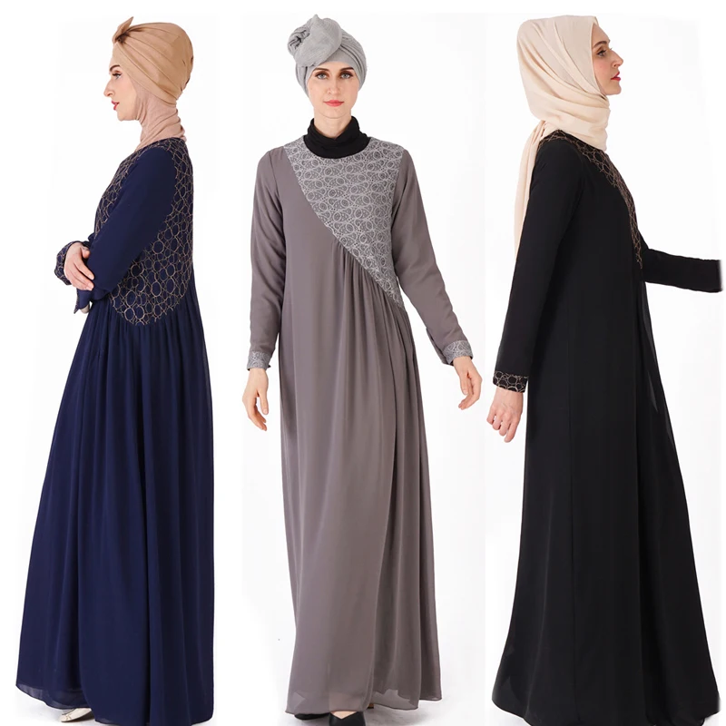 

New women's Muslim dress gauze lace long skirt national costume, Black, purple, blue, gray