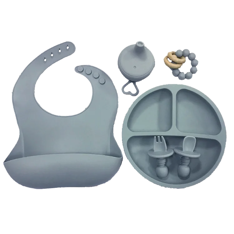 

Factory Price Silicone Baby Dining Set Bibs Sippy Cup lid Suction Plate Kids Silicon Baby Eating Set, Muted,mustard,sage,ether,apricot dark grey etc