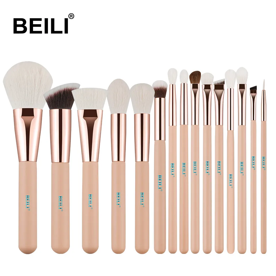 

BEILI 15pcs professional cosmetic pink rose brush makeup set natural hair powder eye shade eyebrow makeup brush set custom logo