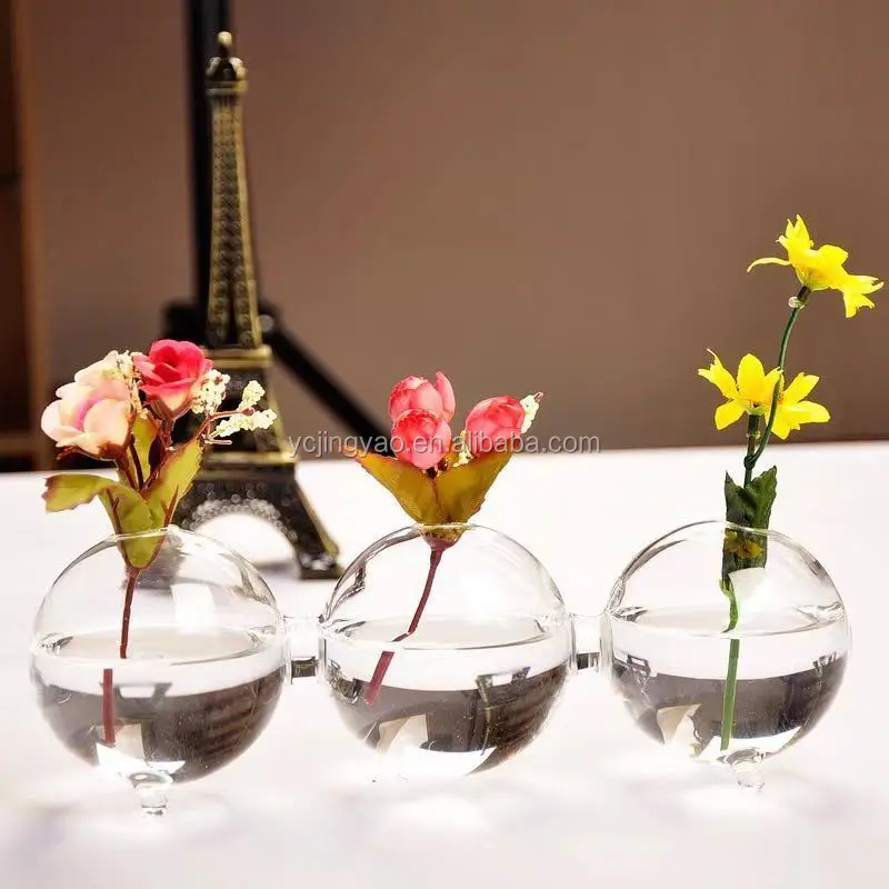 

hand made small transparent conjoined ball-shaped glass hydroponics flower vase, Clear