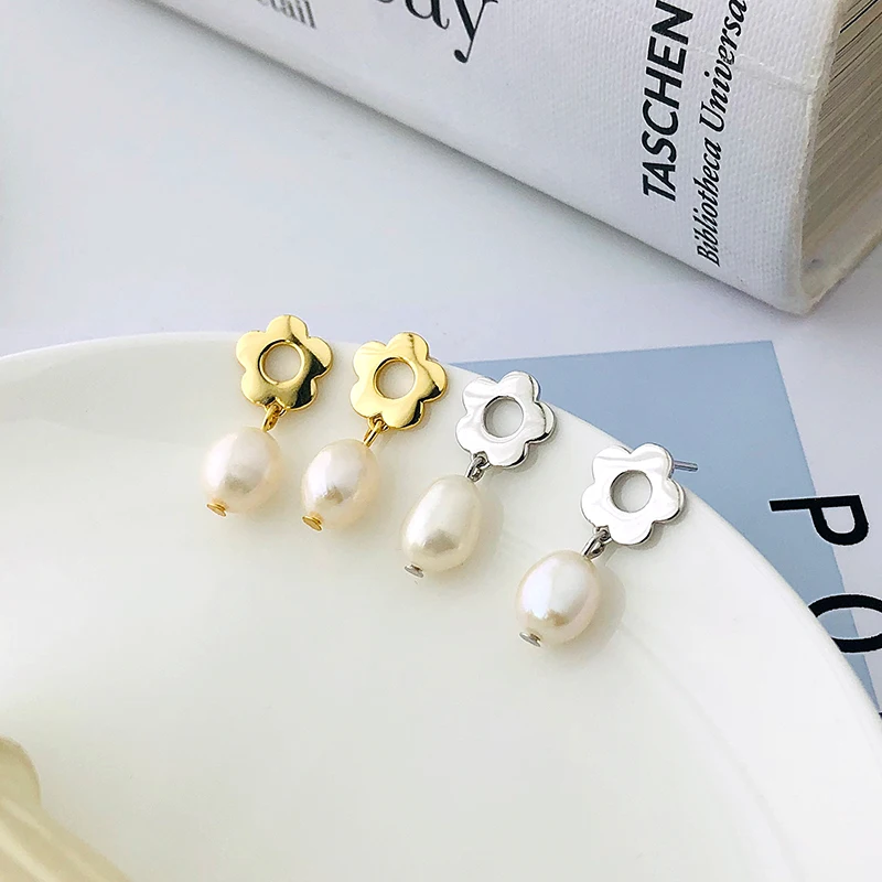 

Trending Pearl Jewelry Earrings Gold Plated 925 Silver Flower shape Stud Baroque Pearl Earrings Women