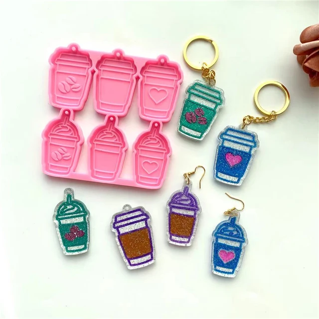 

J144 Free Sample DIY Shiny Resin Coffee Cup Pendant Mould Heart Cup Silicone Keychain Molds