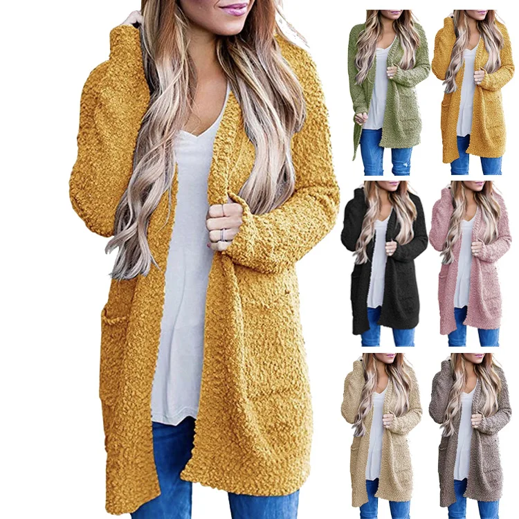 

wholesale distressed long cardigan Solid color double pocket women oversize heavy velvet sweater