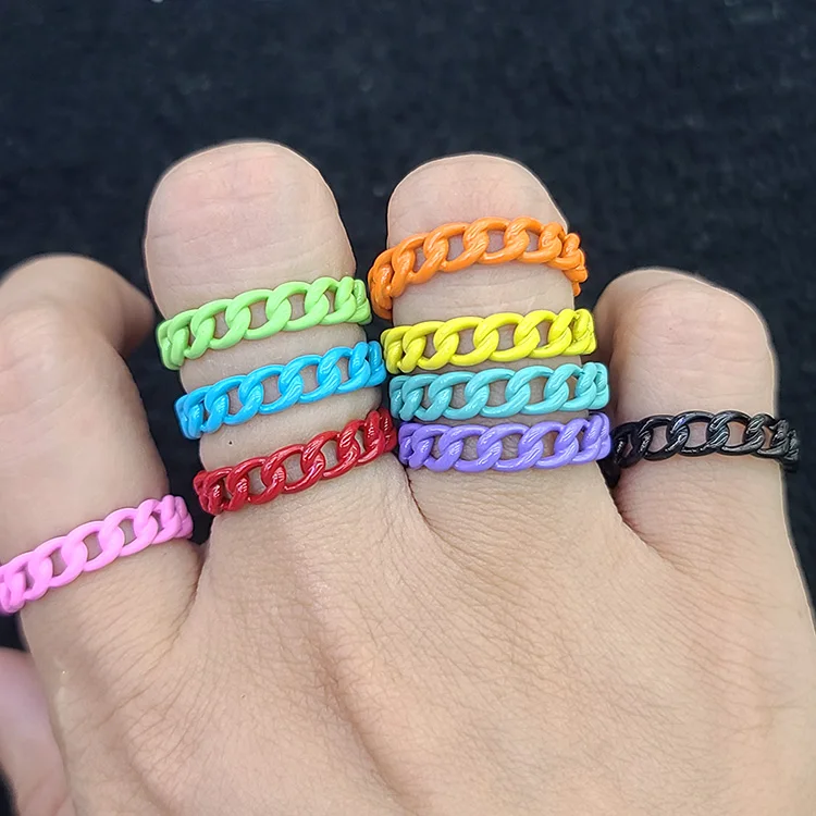 

RA1013 Hot Sale Delicate 18k Gold Plated Brass Multicolor Rainbow Enamel Curb Cuban Chain Open Rings for Women Ladies