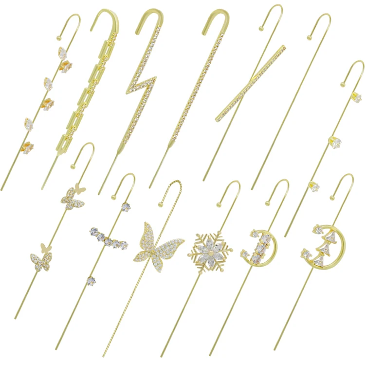 

Gold Crystal Crawler Line Piercing Ear Cuff Pin Wrap Hook Earrings, Gold plated