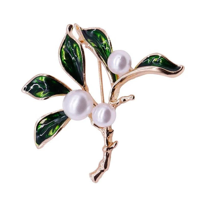 

XILIANGFEIZI Korean Alloy Fashion Accessories Enamel Creative Leaf Plant Pearl Brooches, Gold