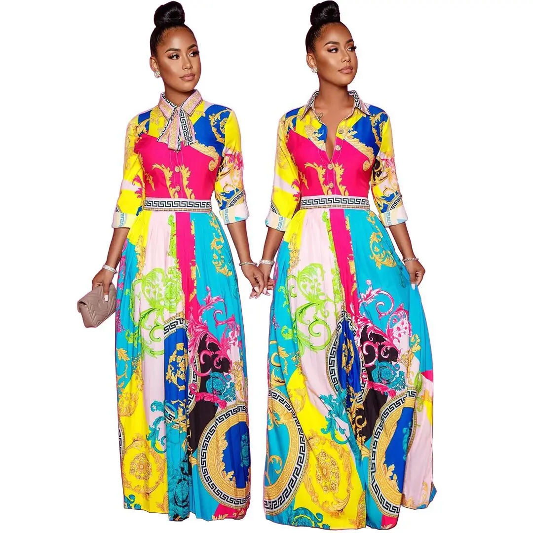 

2020 Wholesale Fashion Sexy African Women Dresses Print Long Dress Maxi Long Sleeve Elegant Women Dresses, 1color