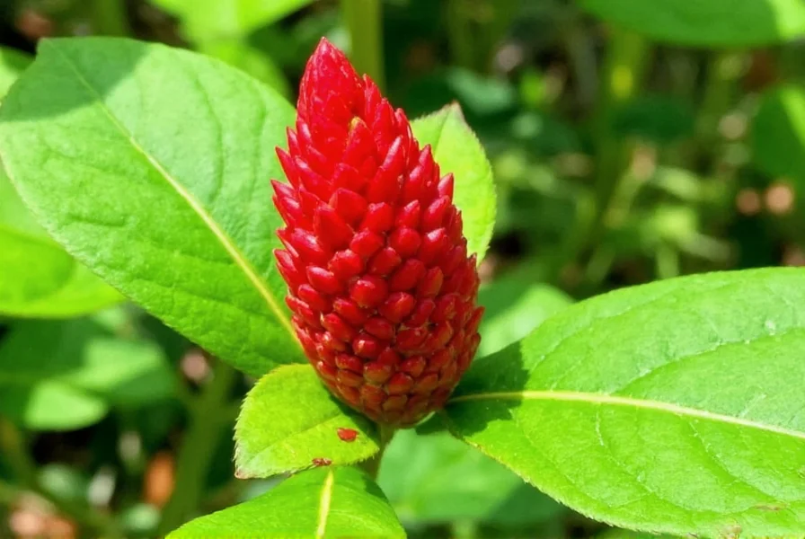 Red ginger plant growing in a Florida garden with sandy soil and partial shade conditions