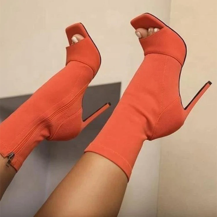 

summer Women Peep Toe Ankle stretch Boots Square Toe Inside Zip Ladies Stiletto High Heel Shoes Dress Party Booties