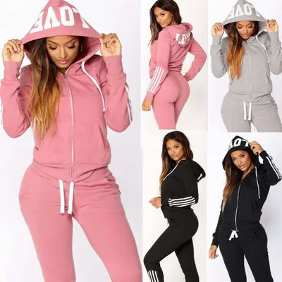 

wholesale custom logo ladies print letter hooded cardigan suit autumn long sleeve sweater trousers sports yoga two piece set