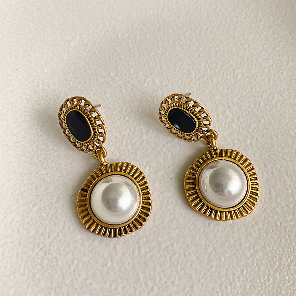 

JUHU New fashion retro wild bronze earrings old metal texture pearl geometric round earrings alloy jewelry for women 2020, Gold