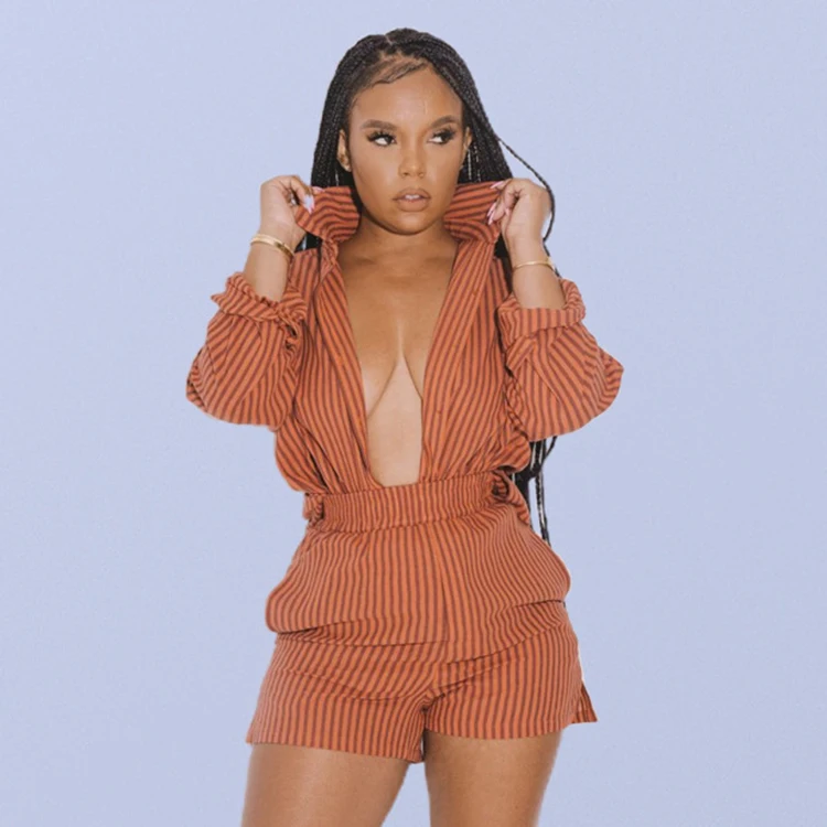

2021 Women Clothing Autumn Striped Button Down Shirt 2PC Pants Outfit Long Sleeve Womans Blouse Shorts Set, Red,blue,yellow