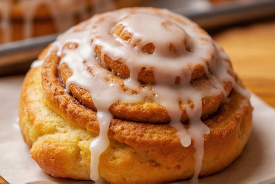 Close-up photograph of a perfectly swirled cinnamon roll with melted icing dripping down the sides, showcasing the flaky layers and golden brown color, New York City bakery setting