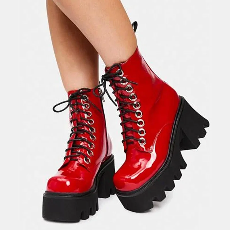 

High Platform Big Toe Shoes Women's Booty Simple Style Lady's Lace up Ankle Boots Block Heel Fashion Boots Size 43, Black,red