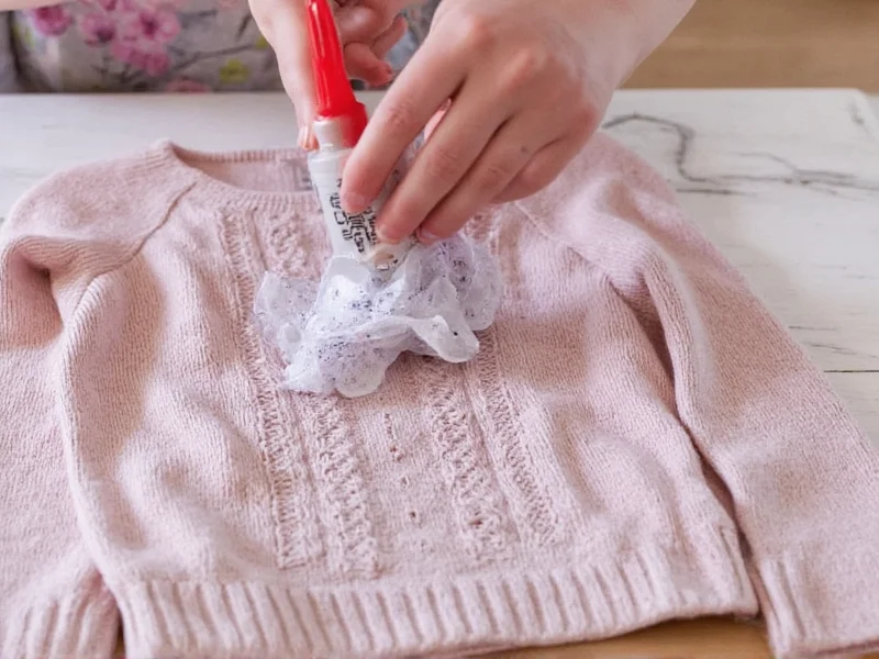 Hand applying recycled materials to sweater with fabric glue