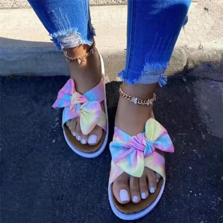 

New Summer Stylish Beach Tie Dye Bow Outdoor Slippers 2021 Fashion Women Leopard Flat Sandals, Black