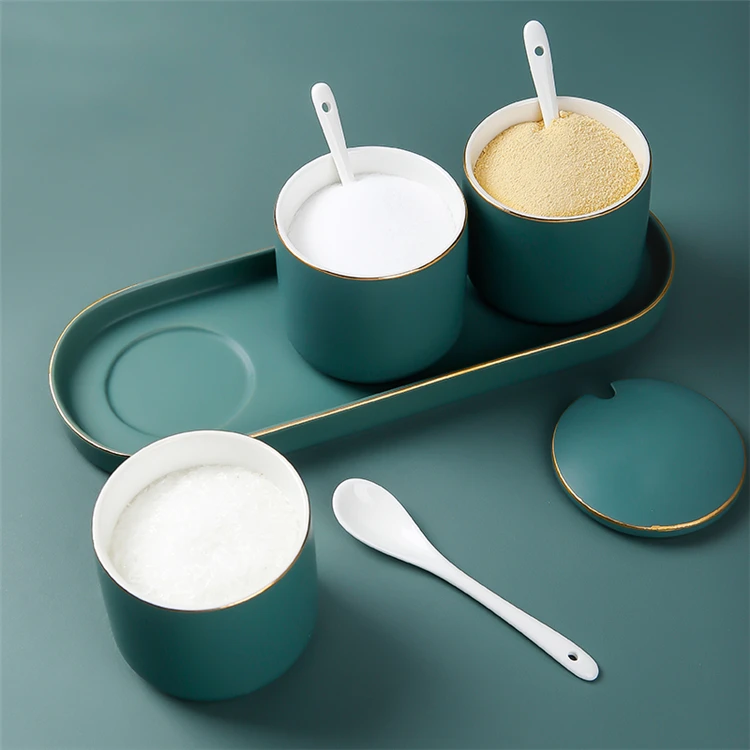 

Wholesale kitchen ware green glaze condiment jar gold rim porcelain salt spice jars with tray, White