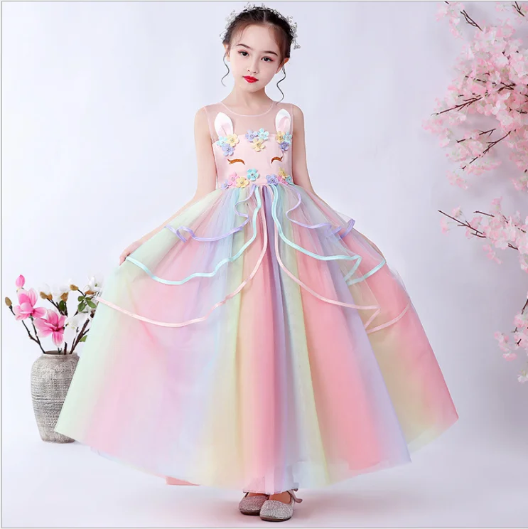 Q1029 Children Boutique Clothing Wholesale Girl Tutu Latest Design Long Frock Kids Unicorn Party Dress, Purple