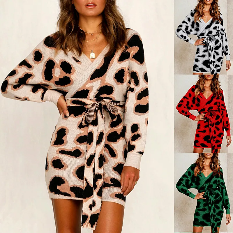 

New Fashion Winter Autumn Women Leopard Printed Dress Ladies Long Sleeve Mini Dress Casual Wear For Women, 4 colors