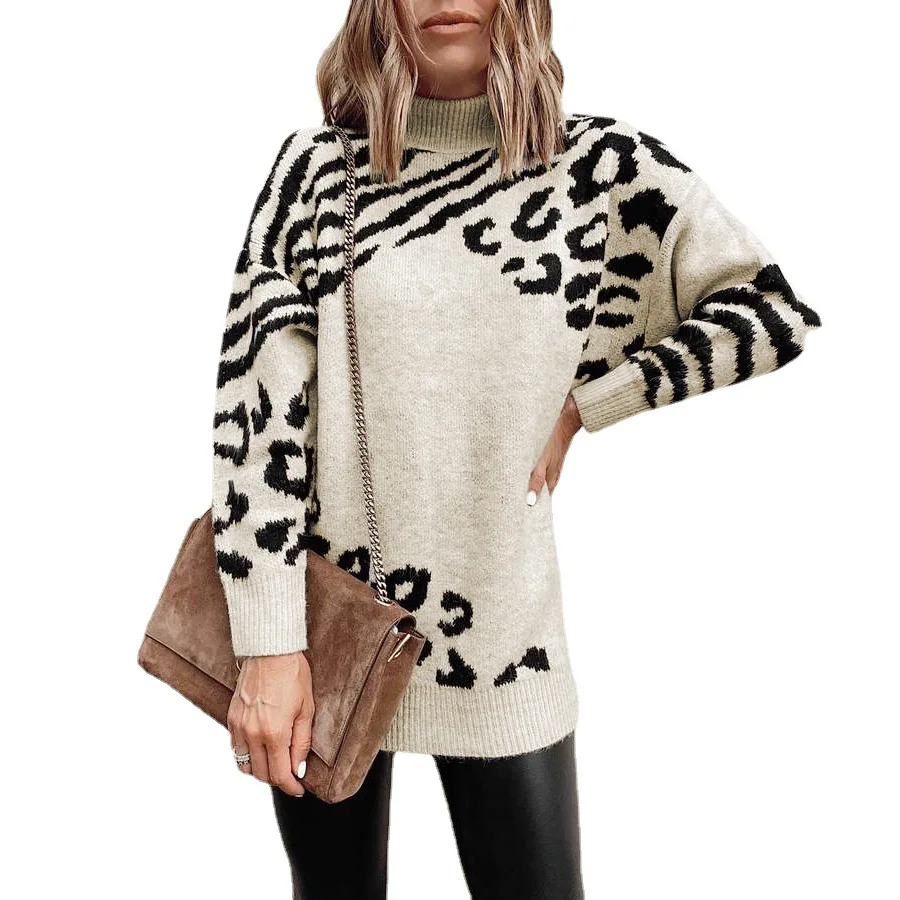 

2021 autumn women's Casual turtleneck knitted Long sleeve leopard sweater dress