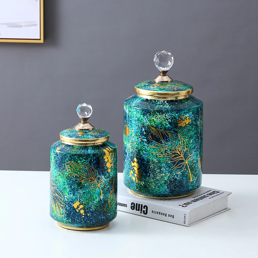 

European Simple Style Retro Green Leaf Painting Ceramic Vases Sets With Crystal lid For Hallway Decoration