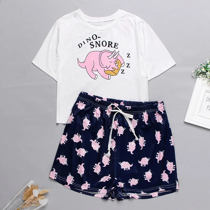 

Print T-shirt Shorts Set 2 Pcs Lounge Wear Short Sleeve Womens Homewear Casual Suit