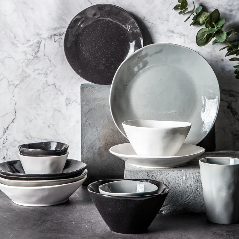

Nordic ceramic western plates irregular European style gray tableware bowl set