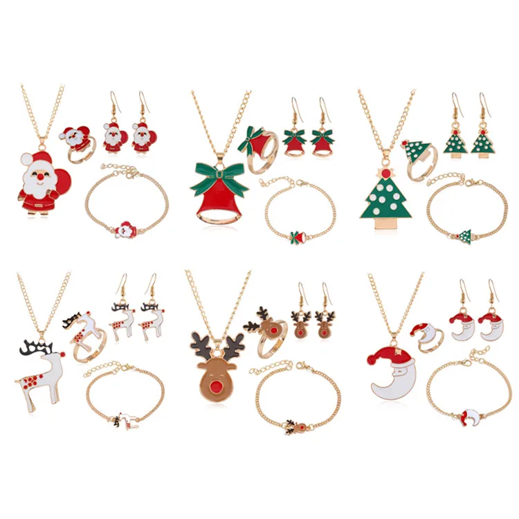 

Christmas Gifts Dripping Oil Christmas Series A Variety Of Earrings Necklaces Bracelets Rings Four-piece Jewelry, Picture