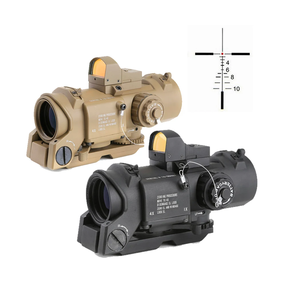 

Tactical Rifle Scope Quick Detachable 1X-4X Adjustable Optical sight Dual Role Sight with mini Red Dot For Hunting, Black/tan