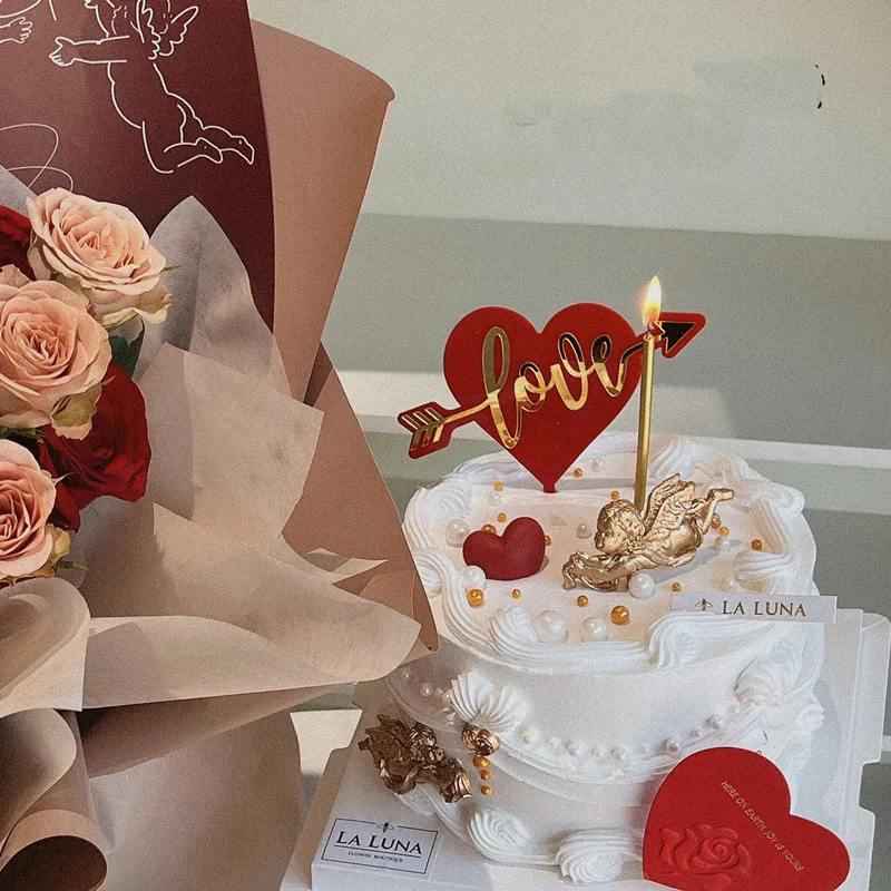 

Ychon Valentine's Day cake topper Love is pierced by one arrow acrylic lovers cake topper Gold red Party decoration