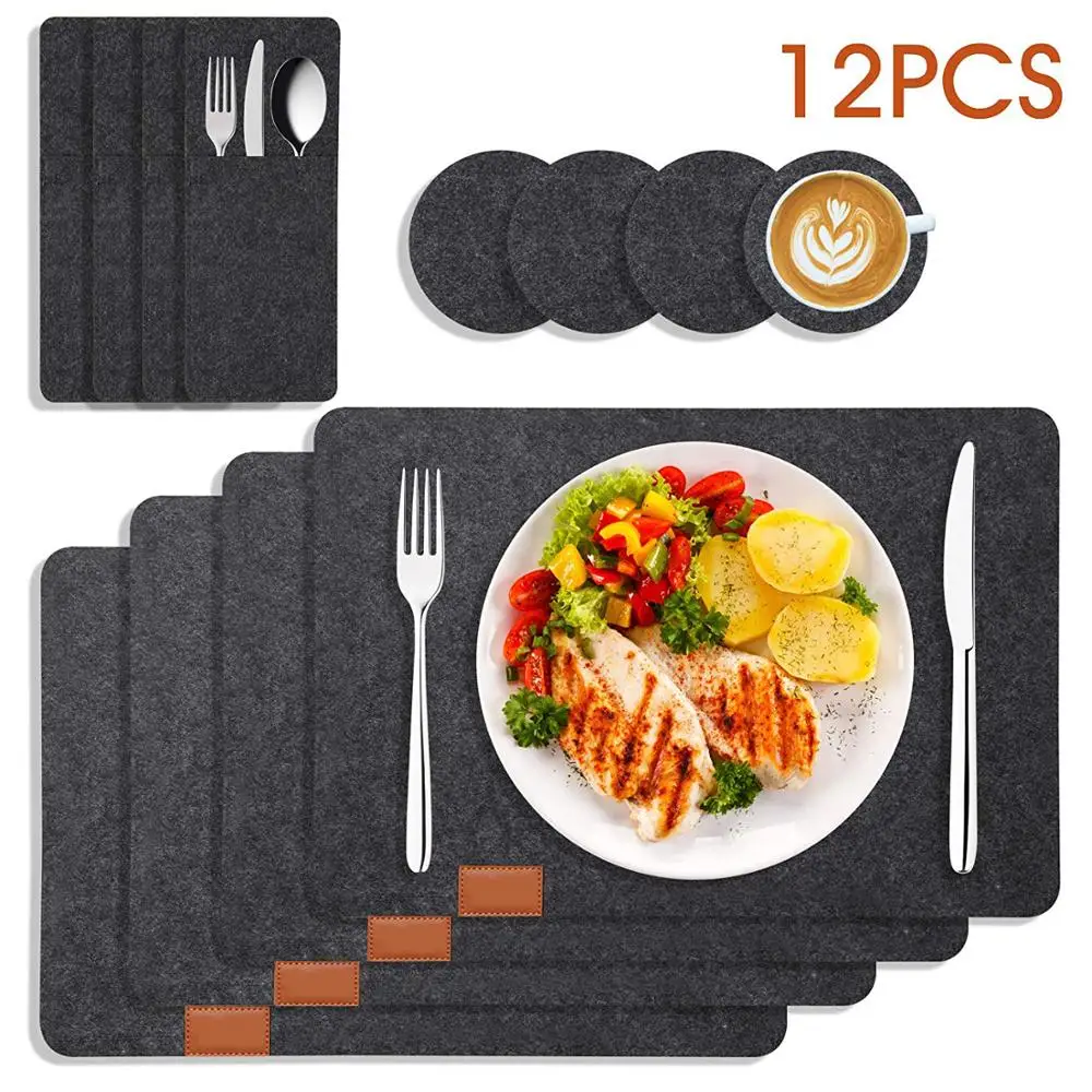 

12 PCS Felt Placemats Set Absorbent Table Mats Non Slip Heat Resistant Felt Placemat Tea Coaster, Dark grey