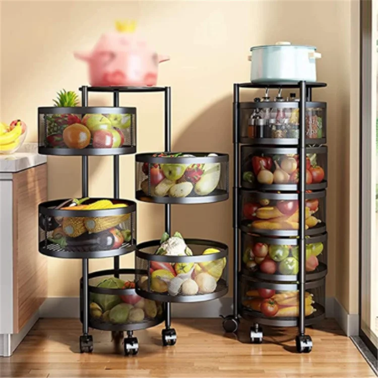 

Kitchen Floor Round Multilayer Household Rotating Shelf Vegetable Storage Racks, White and black