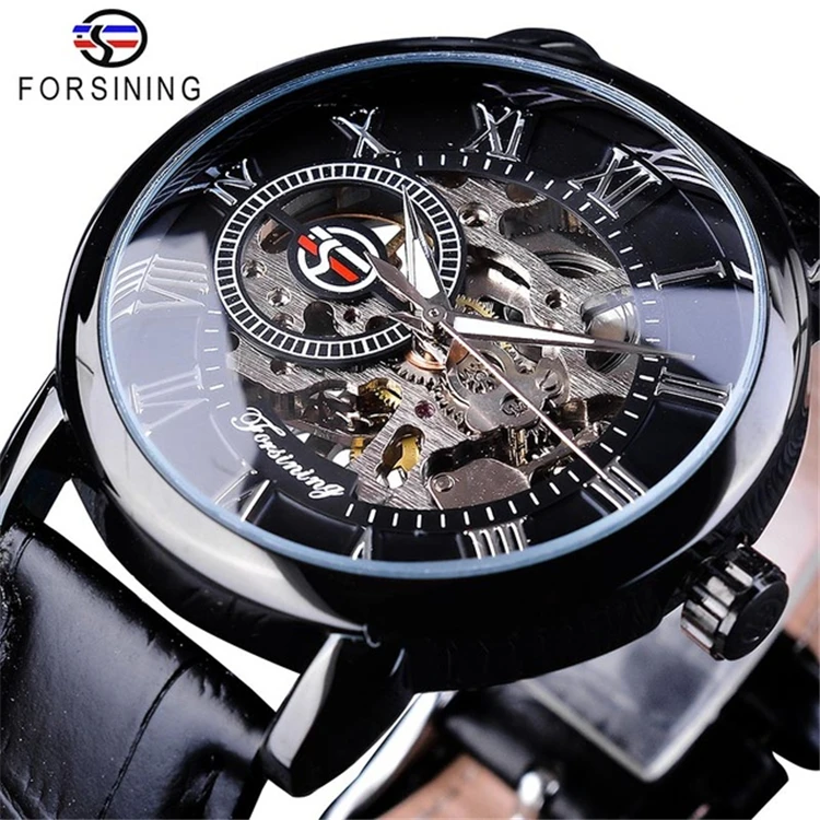 

FORSINING 3D Logo Black Gold Men Skeleton Mechanical Watch Man Watches Top Brand Luxury Leather Design Montre Homme 2020