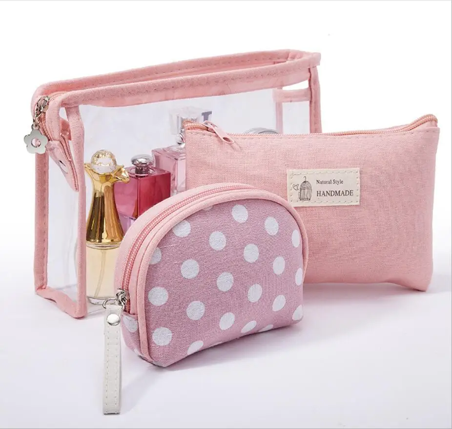 

wholesale cute lady women dot printed canvas clear waterproof clear cosmetics case makeup bag, 5 colors can choose