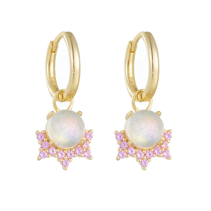 

new trendy crown zircon gemstone jewelry 14k gold plated 925 sterling silver moonstone drop hoop Huggies earrings for girls kids