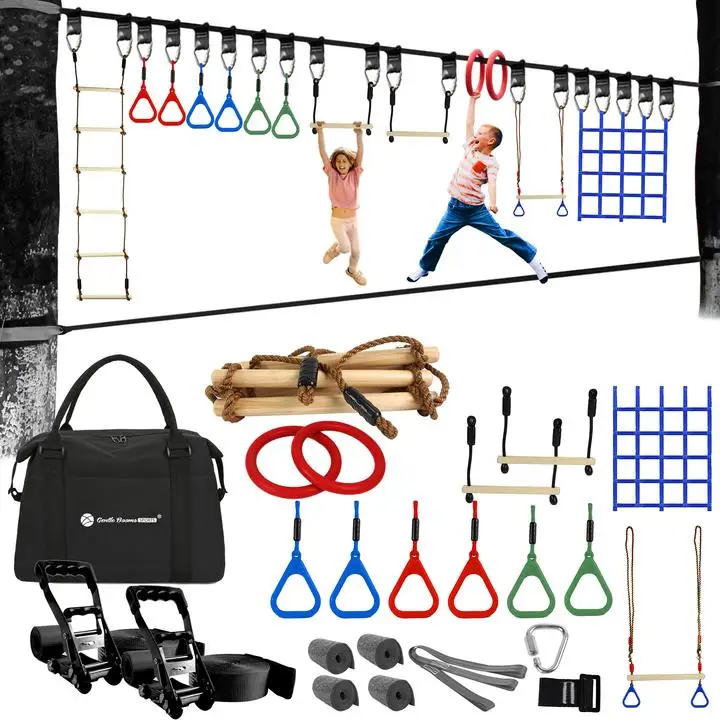 

Diy Your Personalized Gentle Booms Sports Ninja Line 65Ft Obstacle Course with Our Updated 13 Accessories, Black Slackline(4), Black,purple,blue or customized