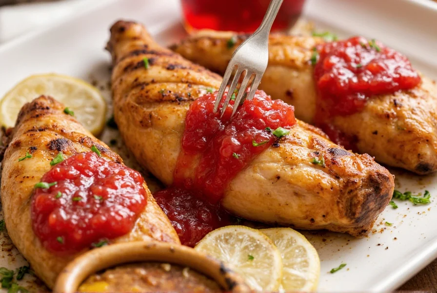 Raspberry hot pepper jelly being used as a glaze on grilled chicken with fresh herbs