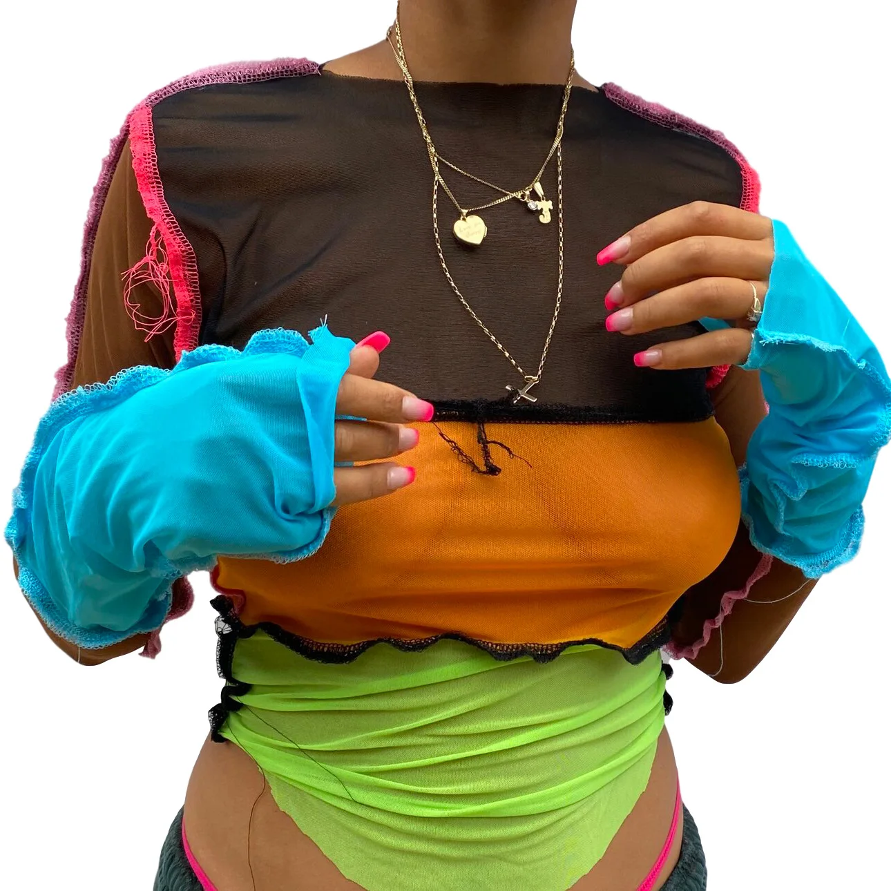 

S3064A New trendy womens clothing sexy see through mesh T-shirt