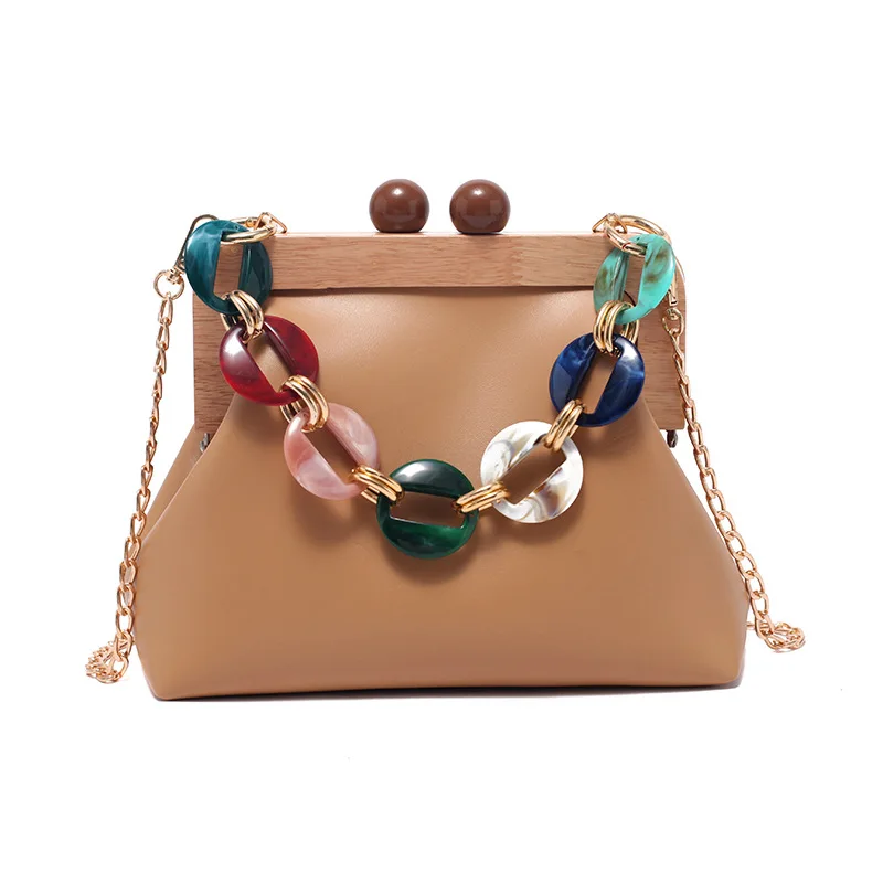 

Elegant fashion luxury acrylic wood clip wooden messenger chain bag for women, 6 colors