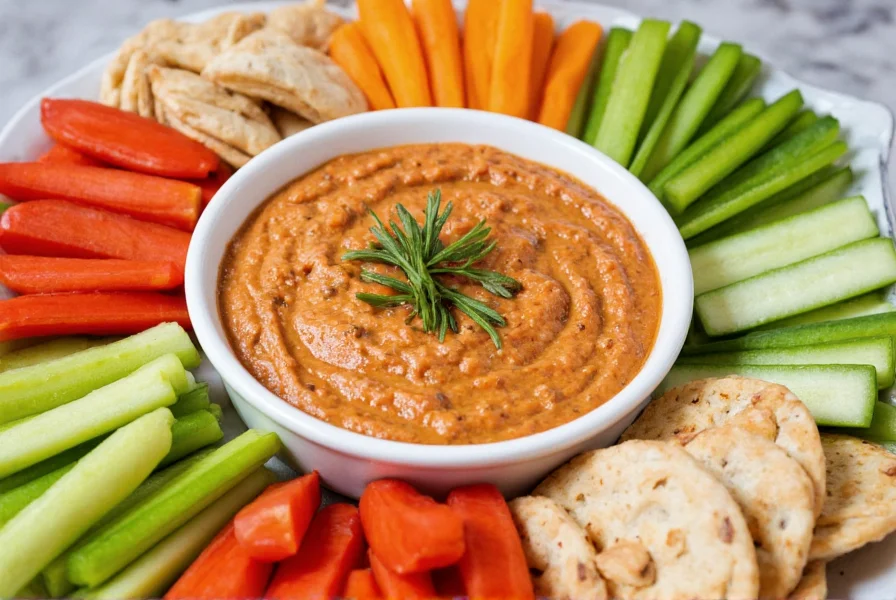 Variety of dipping options arranged around a central bowl of red pepper feta dip including vegetables, pita, and crackers