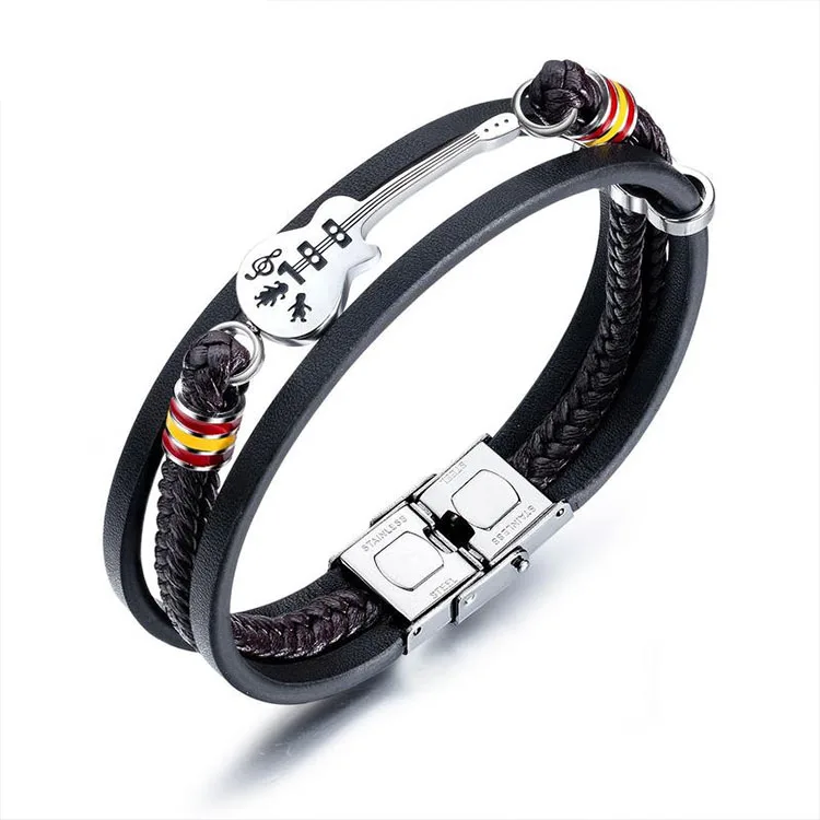 

Punk Tide Guitar Shape Layered Braided Stainless Steel Leather Men's Bracelet, Picture