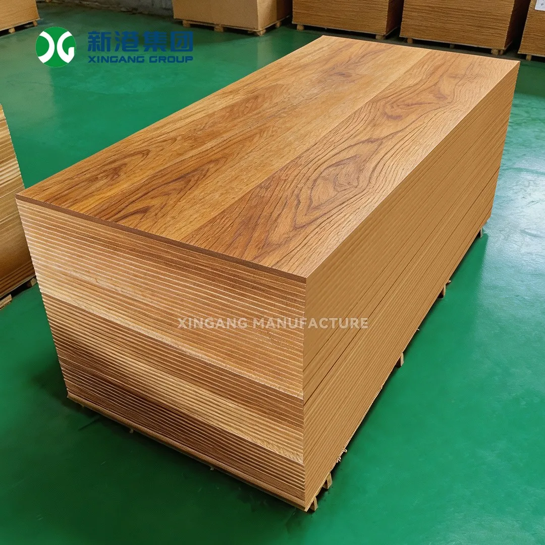 Stack of wood-grain melamine-faced MDF panels