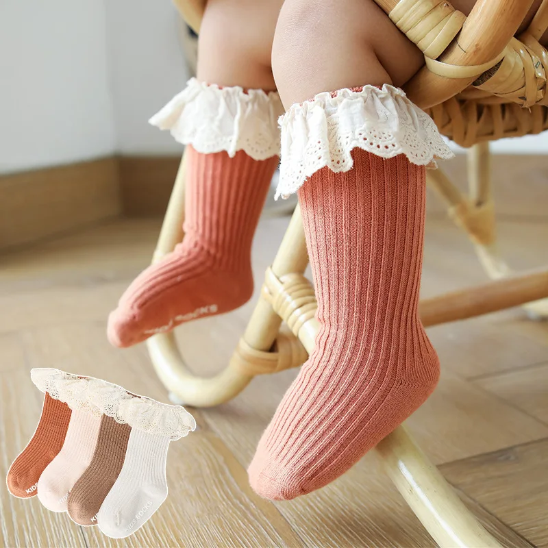 

JULY'S SONG Autumn Winter Warm Baby Socks Solid Combed Cotton Newborn Long Tube Socks Lovely Lace Girls Knee High Socks, White, caramel color, pink, coffee