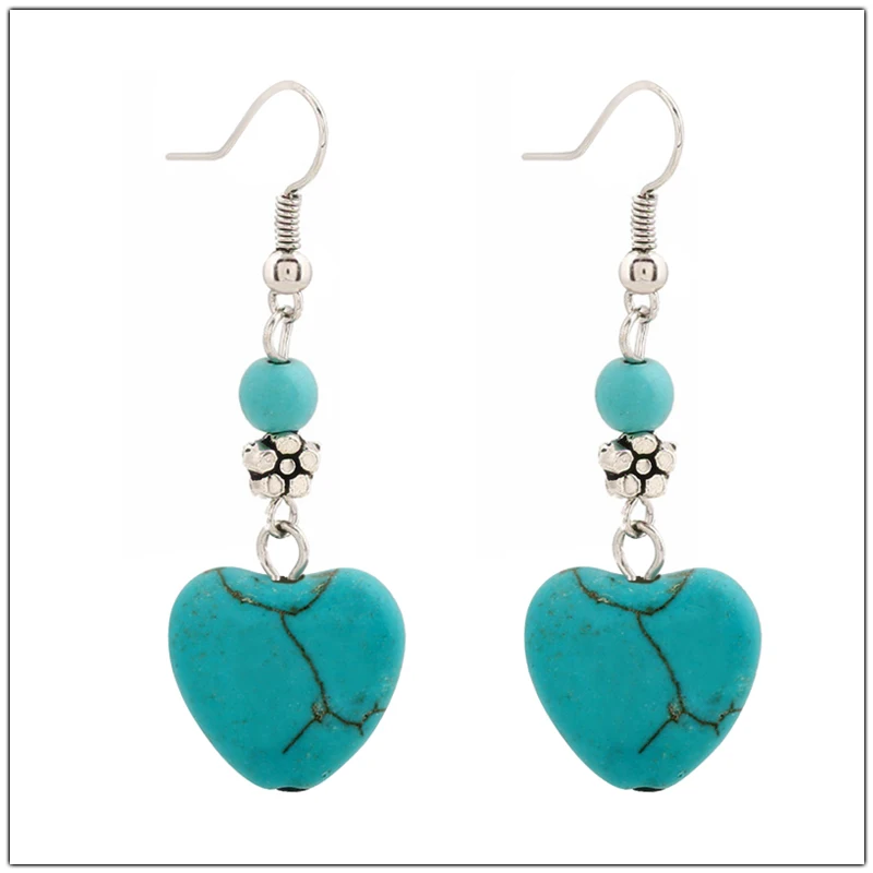 

Women Boho Holiday Jewelry Retro Heart Shape Engraving Turquoise Stone Earrings Silver Geometric Heart Drop Earring For Girls, Picture