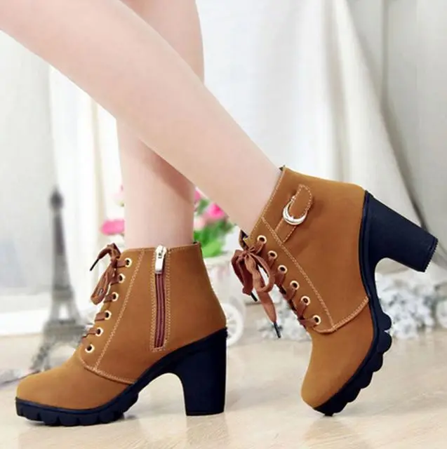 

Boots woman ankle boots Lace-up Ladies high heel shoes vintage Women Boots