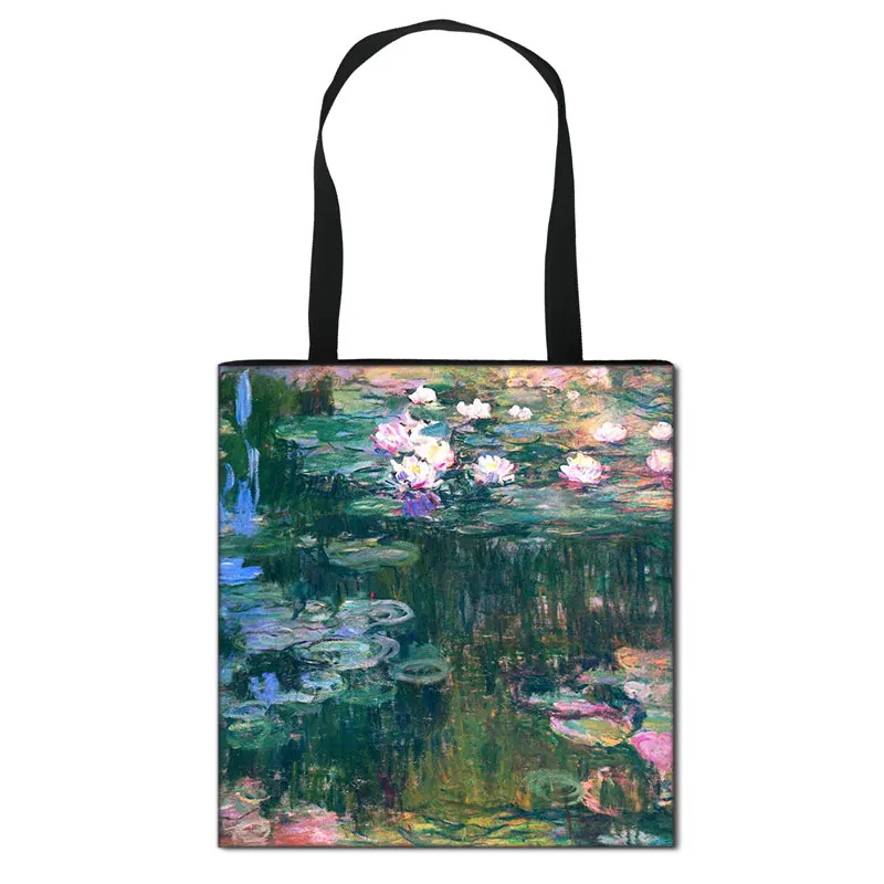 

Vintage Painting Water Lily / Lotus Print Totes Bag Monet Women Handbag Ladies Canvas Travel Shoulder Bag Portable Shopping Bags, Customizable