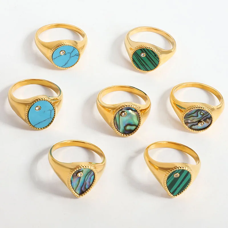 

New Natural Stainless Steel 18K Gold Plated Women Jewelry Turquoise Stone Abalone Paua Shell Malachite Signet Rings For Girl